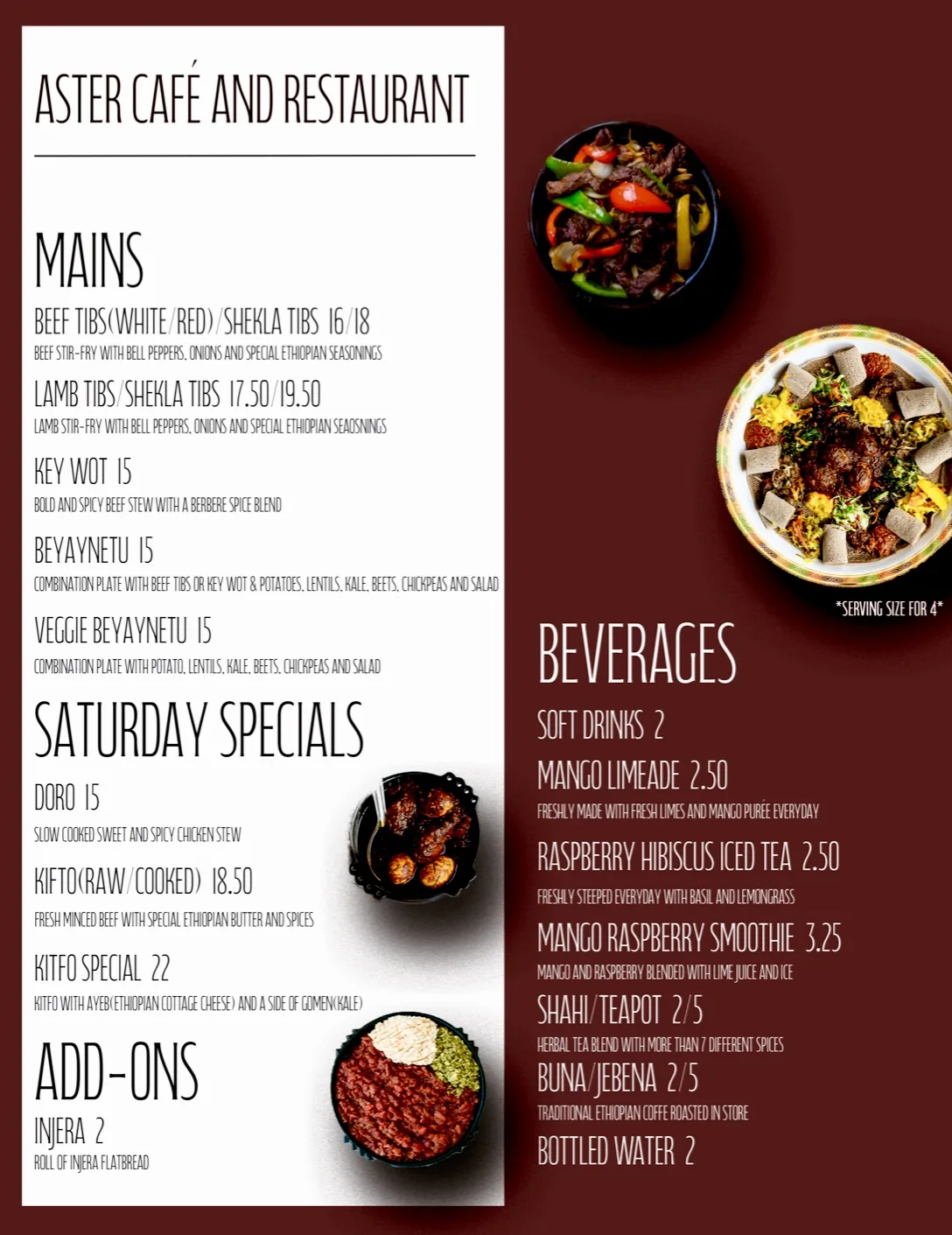 Aster Cafe menu showing mains, Saturday specials and beverages