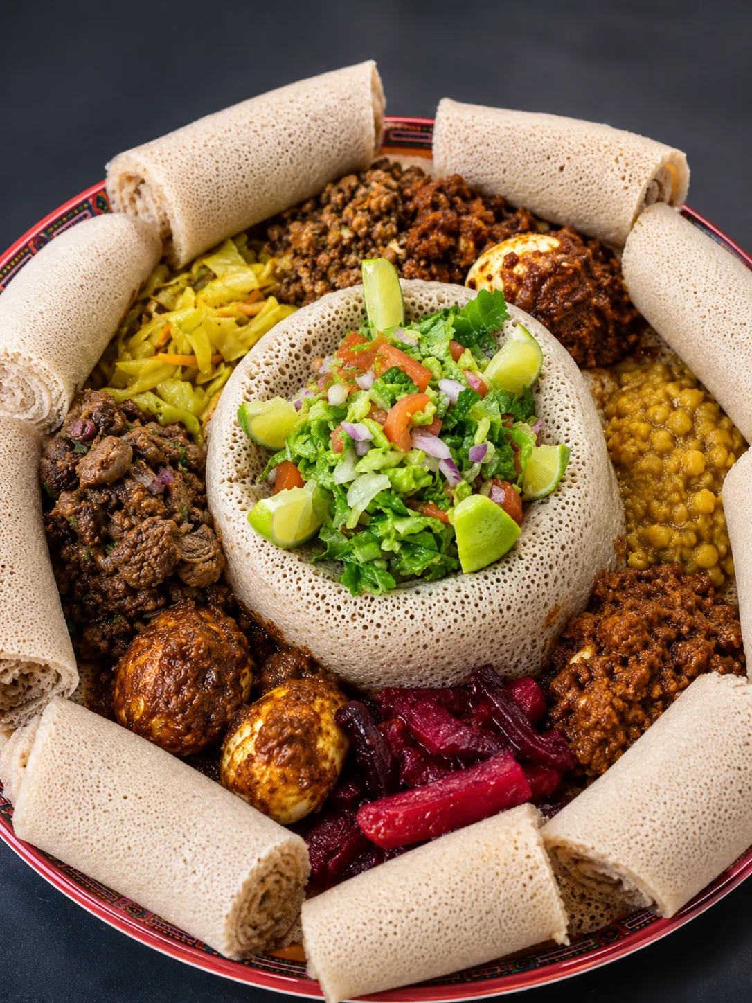 An Ethiopian platter with beef, eggs, lentils, salad and rolled injera
