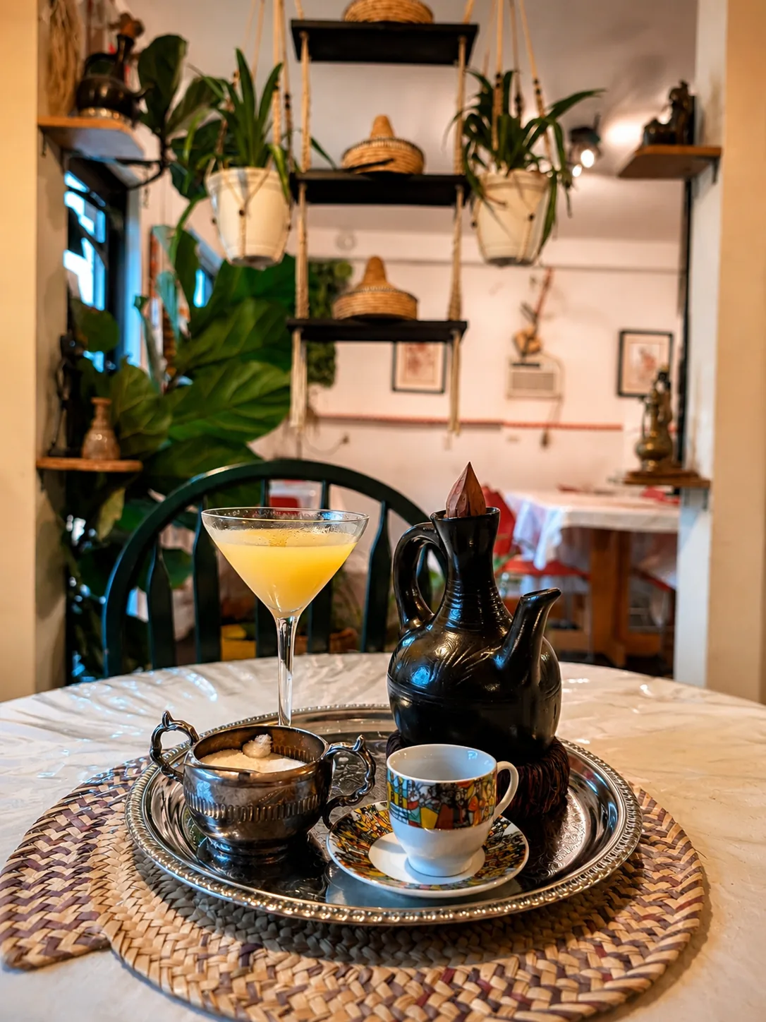 Ethiopian coffee service with a fruit drink