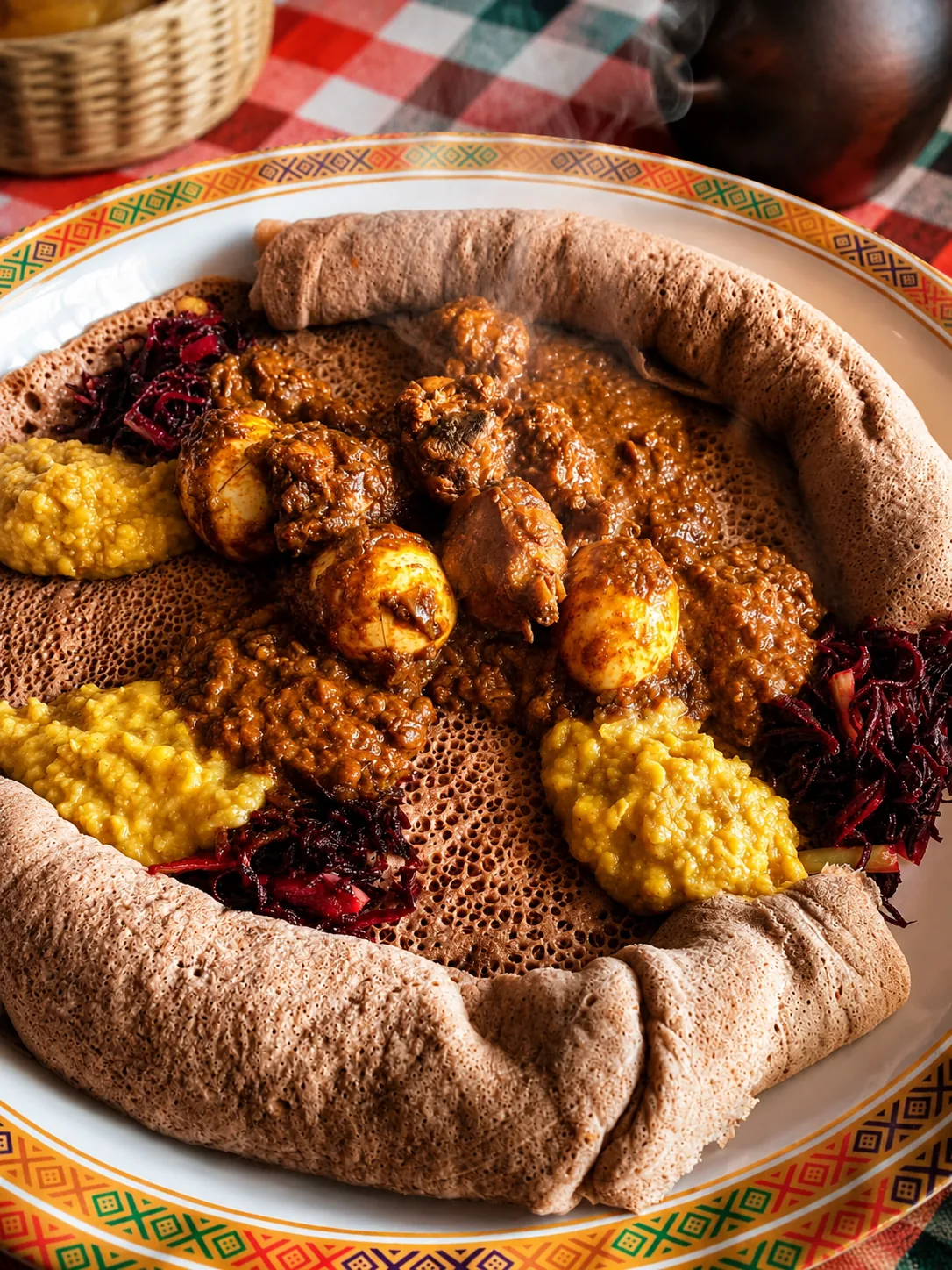 Chicken stew with boiled eggs and injera